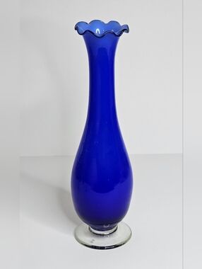 Vtg Cobalt Blue Art Glass Bud Vase Ruffled Rim Clear Pedestal Base 7 Inches MCM